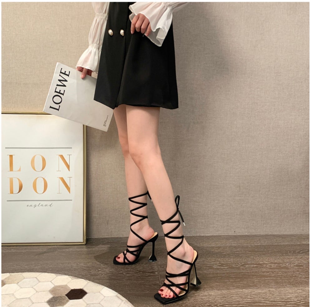 Black square toe lace heels