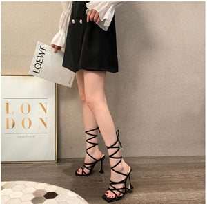 Black square toe lace heels